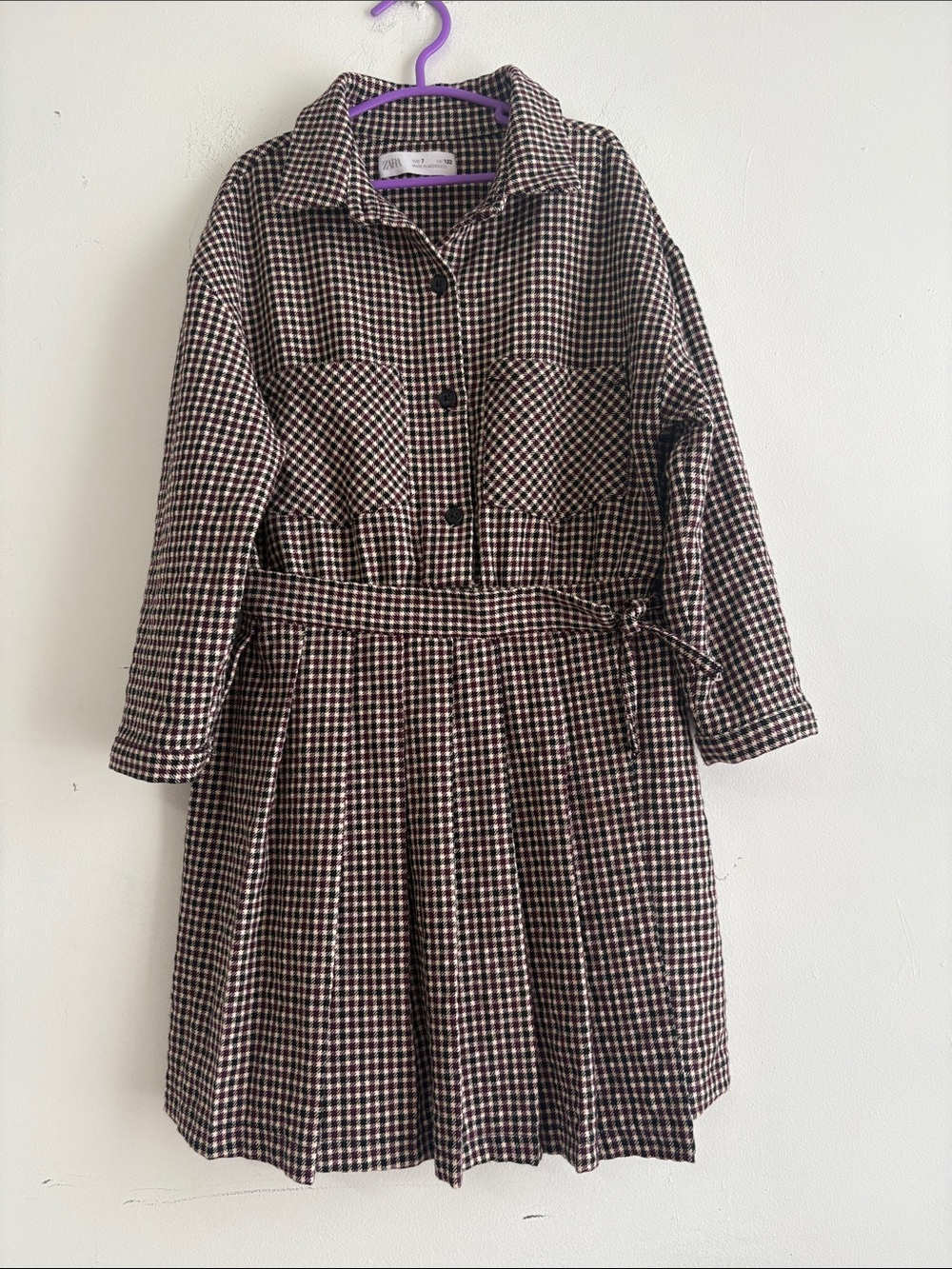 Zara Girls Black burgundy Plaid Pleated Shift shirt Dress